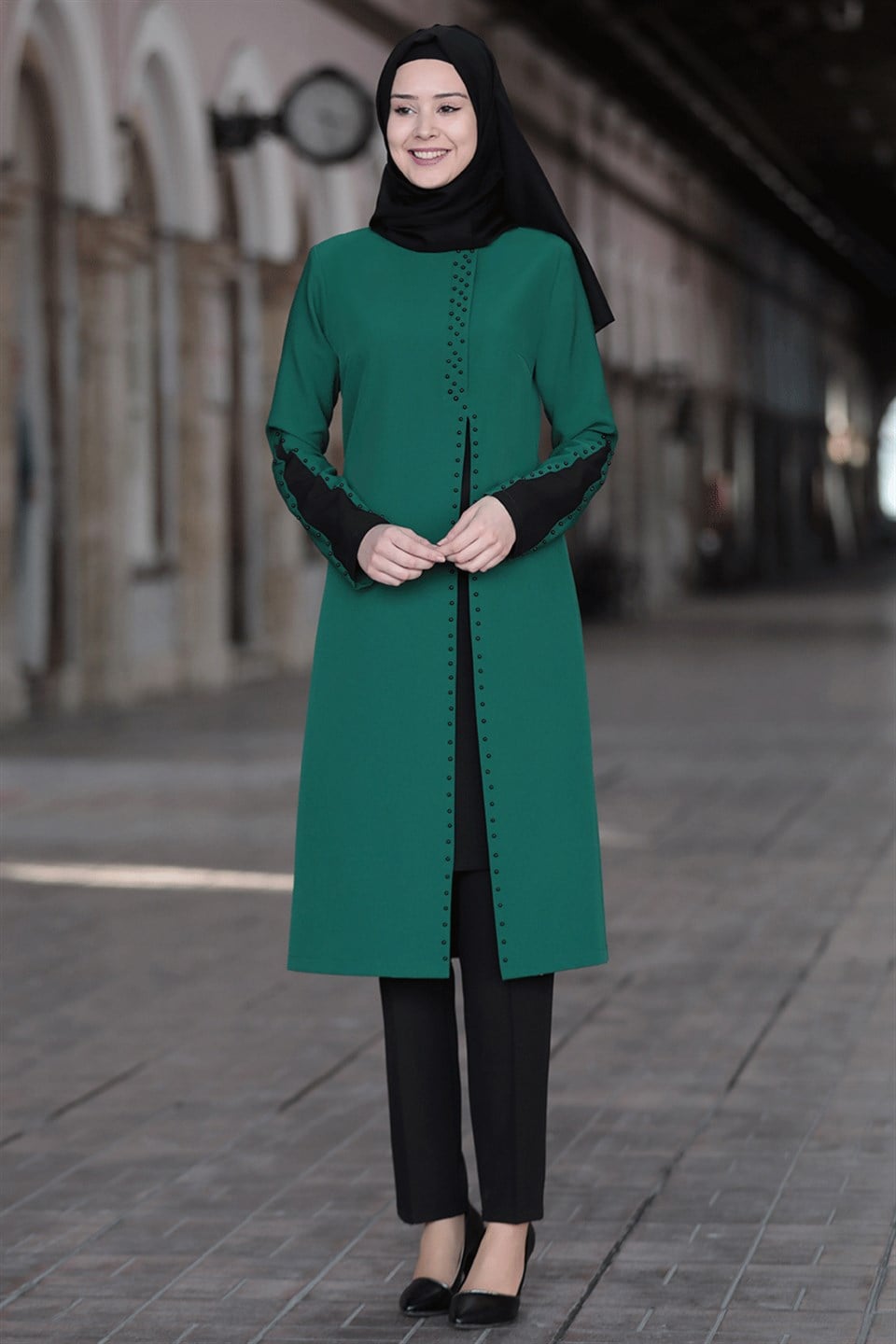 Tunic - Pants - 2 Piece Suit - Crepe - Unlined - Crew Neck - Emerald Green - SN12