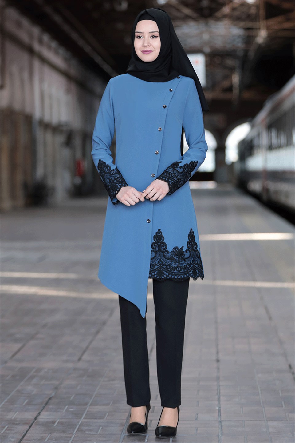 Tunique - Pantalon - Ensemble 2'er Set - Crêpe - Sans Doublure - Ras du Cou - Bleu - SN16