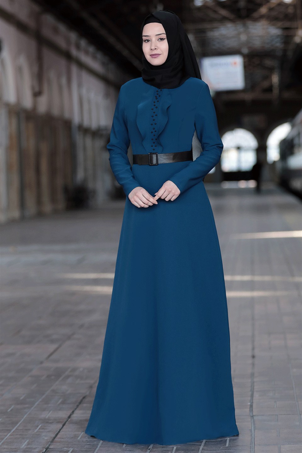 Dress - Crepe - Unlined - High Collar - Petrol - SN18