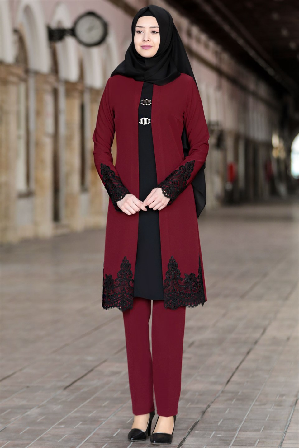 Tunic - Pants - 2 Piece Suit - Crepe - Unlined - Crew Neck - Claret Red - SN28