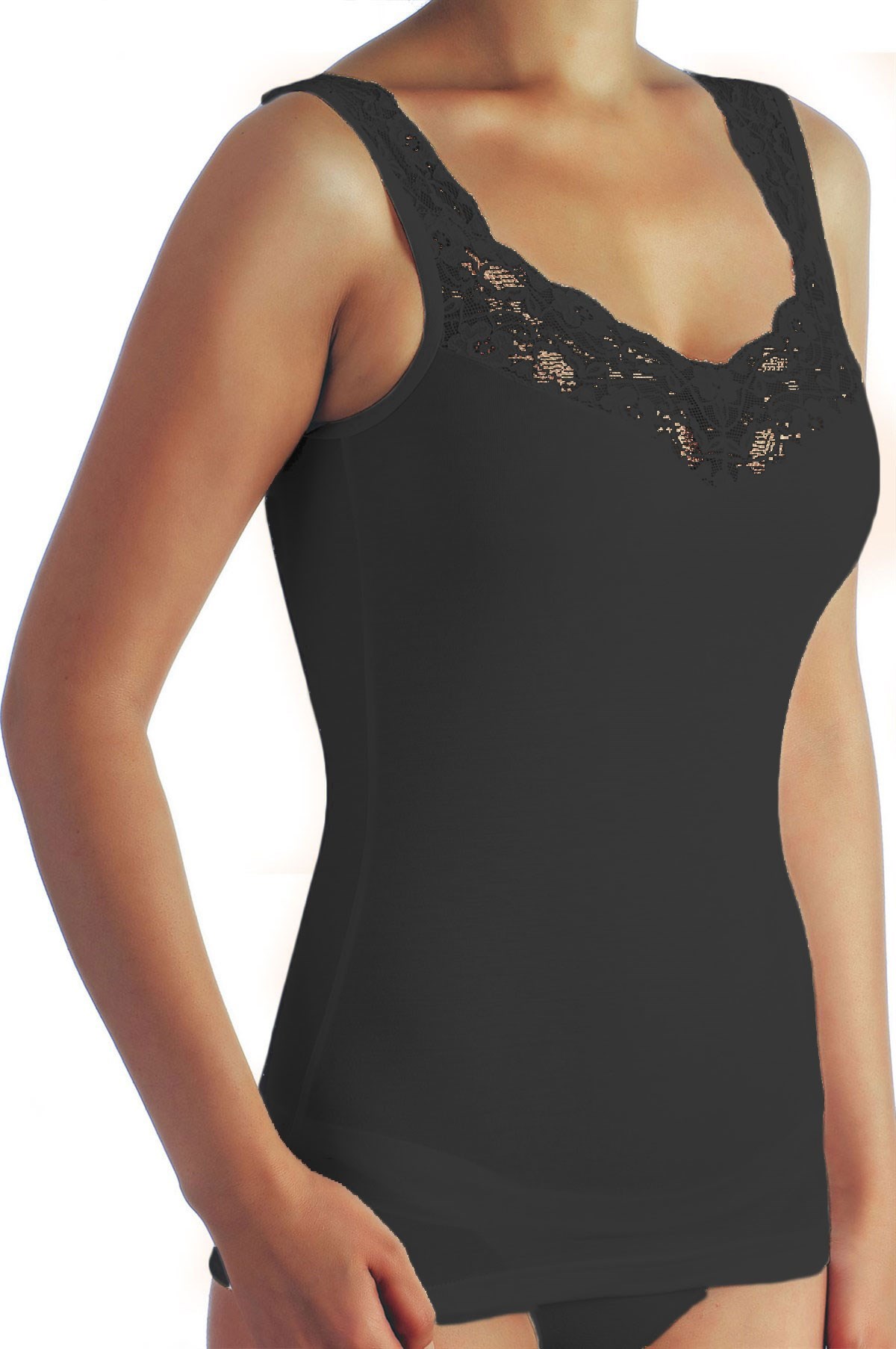 Cotton Modal Lace V Neck Thick Strapped Undershirt Black FA2030