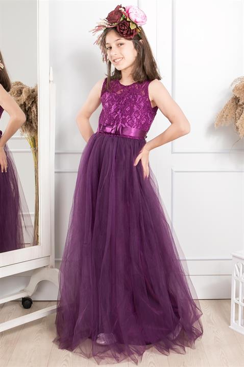 Tulle Children's Evening Dresses with Lace Details Plum MDV304MDV304-MÜRDÜMModaviki