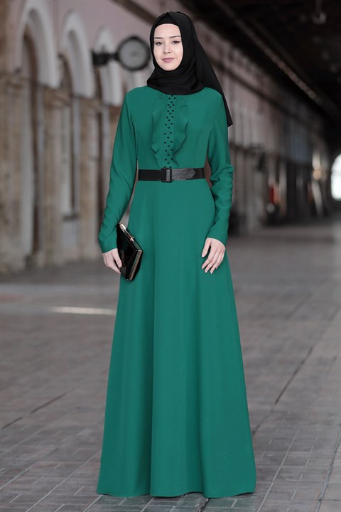 Dress - Crepe - Unlined - High Collar - Emerald Green - SN18