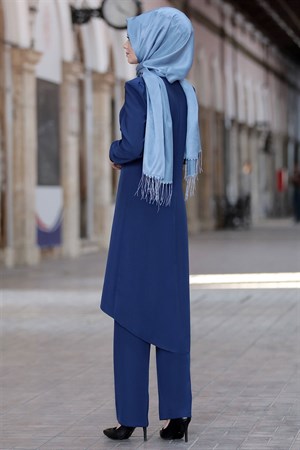 Tunic - Pants - 2 Piece Suit - Crepe - Unlined - High Collar - Royal Blue - AHN01