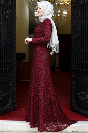 Evening Dress - Lace - Full Lined - High Collar - Claret Red - AMH125