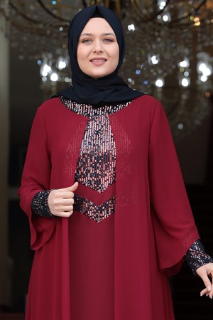 Evening Dress - Lycra - Unlined - Crew Neck - Claret Red  - AMH505