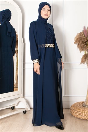 Evening Dress - Chiffon - Full Lined - High Collar - Dark Navy Blue - FHM411FHM411-LACİVERTFahima