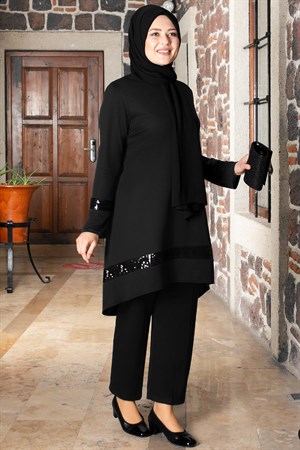 Sequin Detailed Tunic Trouser Suit Noir FHM806FHM806-SİYAHFahima