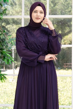 Pearl Stone Detailed Tulle Evening Dresses Purple FHM830FHM830-MORFahima
