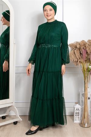 Frill Guipure Embroidered Tulle Evening Dress Emerald FHM864 FHM864-ZÜMRÜTFahima