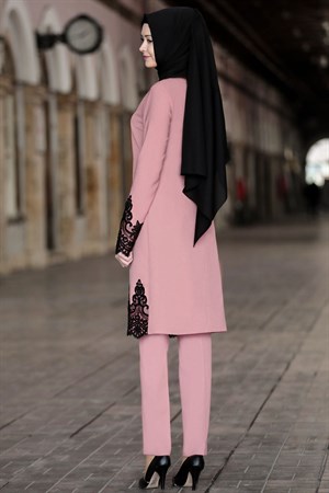 Tunique - Pantalon - Ensemble 2'er Set - Crêpe - Sans Doublure - Ras du Cou - Poudre - SN28