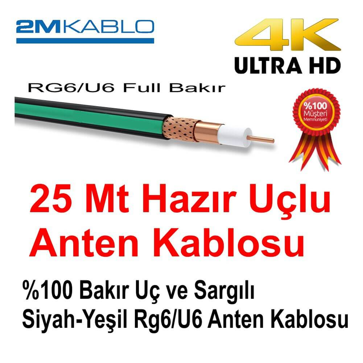 2MUydu Anten Kabloları25 Mt Hazır Uçlu 2M 1.Kalite Full Bakır 96 Tel Bakır Folyo Sargı