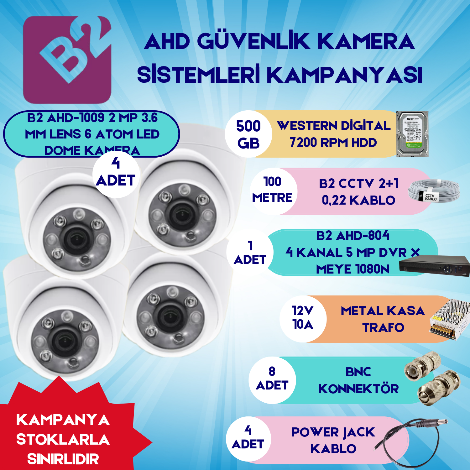 B2Güvenlik Kamera SetleriB2 Ahd 4 DomeKamera 4 Kanal Güvenlik Dome Kamera Setleri