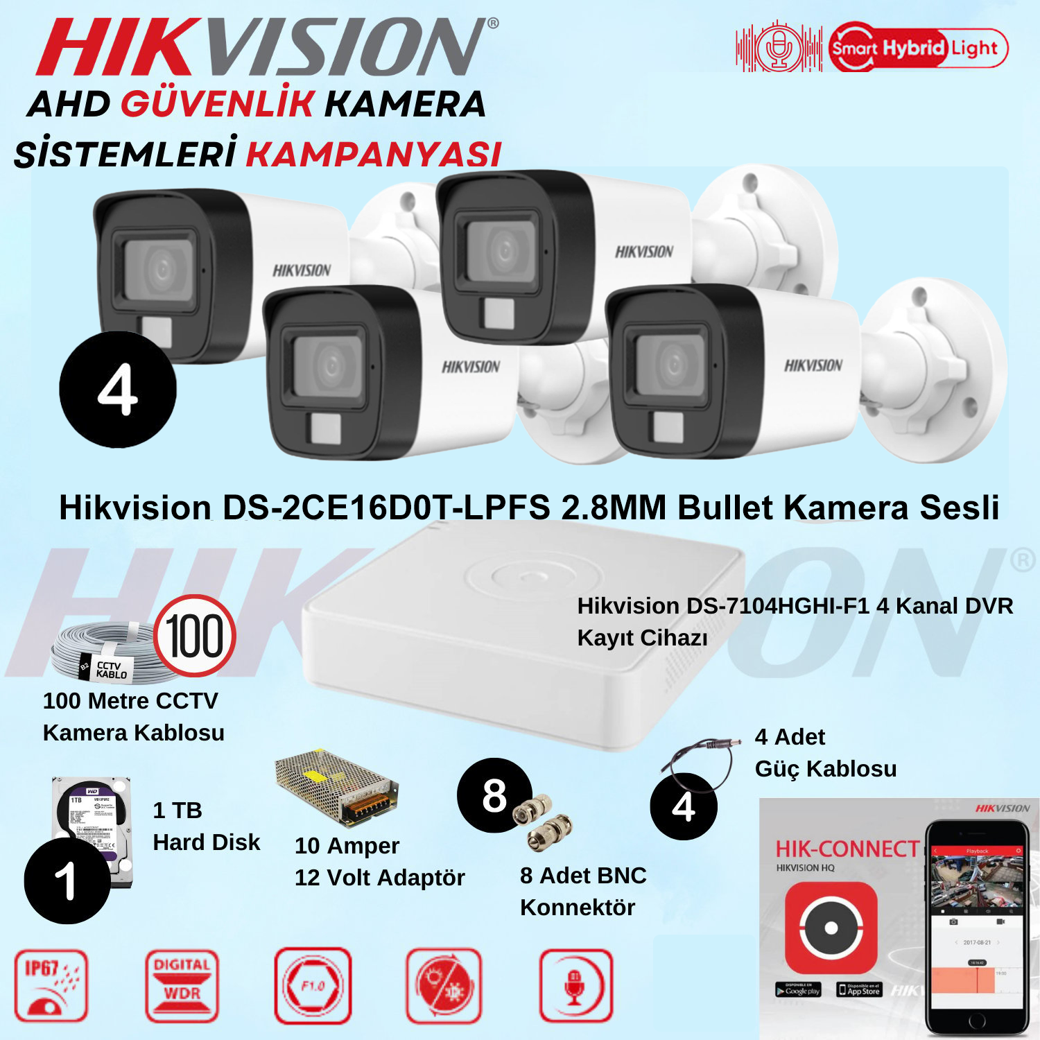 HikvisionGüvenlik Kamera SetleriHikvision Sesli Smart Hybrid Light AHD 4 Adet Bullet Kamera 2 Mp Güvenlik Kamera Seti