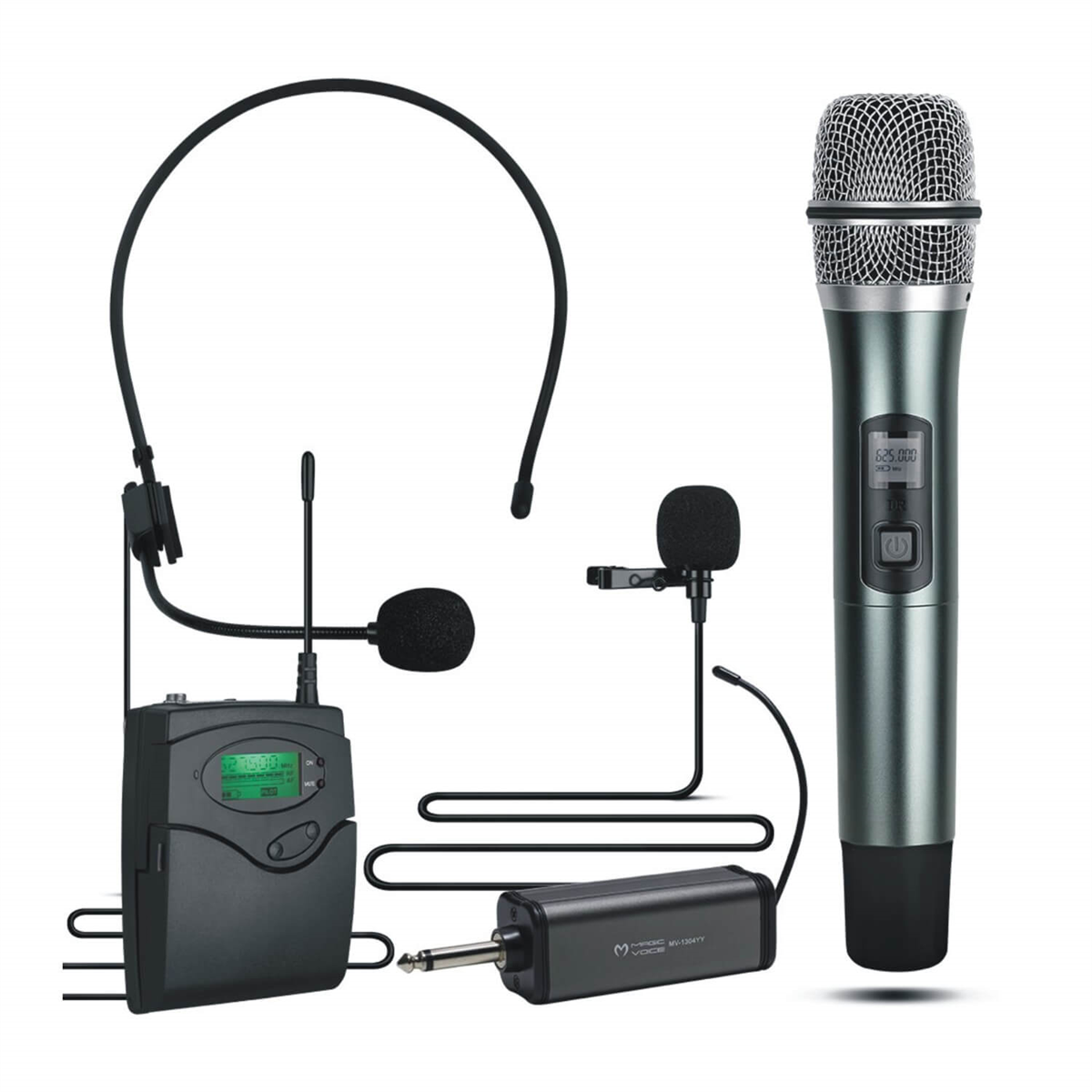 Magic VoiceYaka MikrofonlarıMagicvoice MV-1305YE Kablosuz Uhf Ekranlı 1 Yaka Telsiz Mikrofon+1 El Mikrofonu