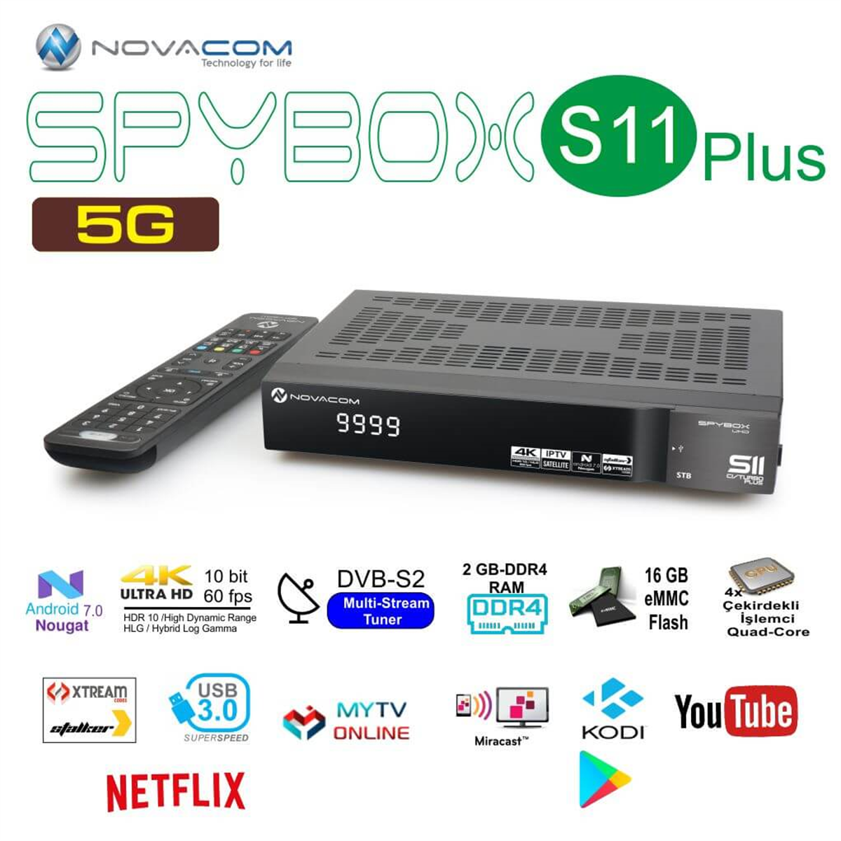 SpyboxSpybox Uydu AlıcılarıNovacom Spybox S11 Plus 5G CI Turbo 4K Uhd Android Uydu Alıcısı