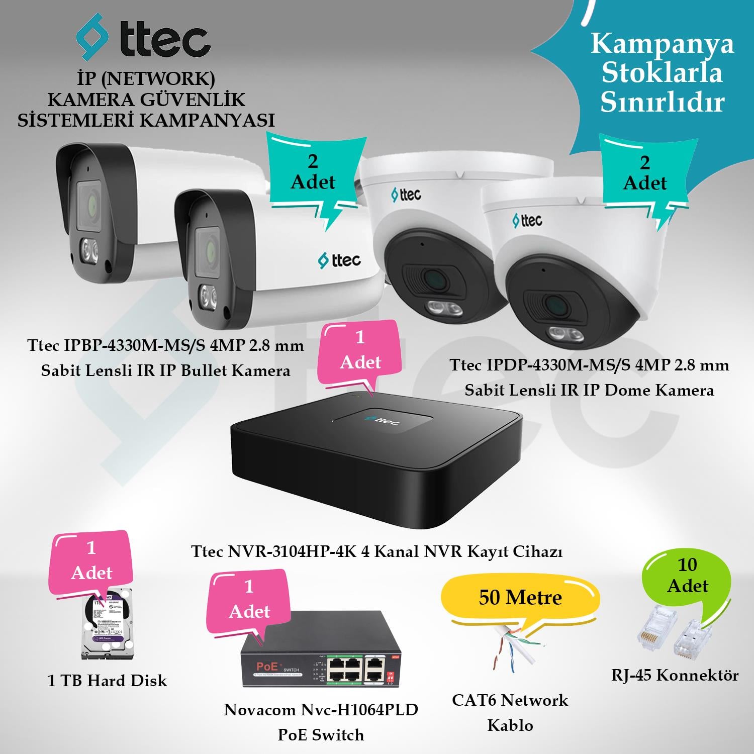 TtecGüvenlik Kamera SetleriTtec İP (Network) 4 Adet 4 MP Güvenlik Kamera Seti
