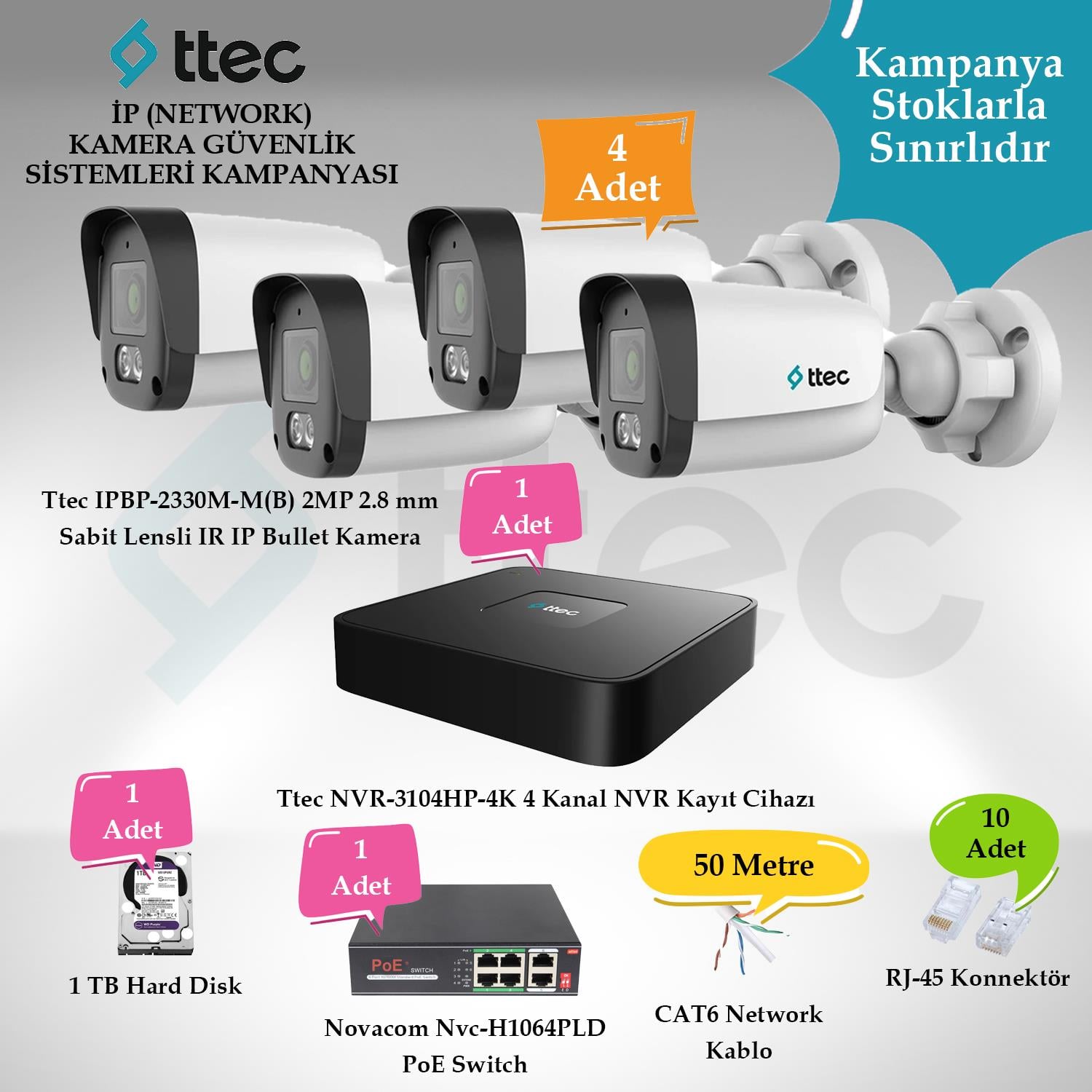 TtecGüvenlik Kamera SetleriTtec İP (Network) 4 Adet Bullet 2 MP Güvenlik Kamera Seti