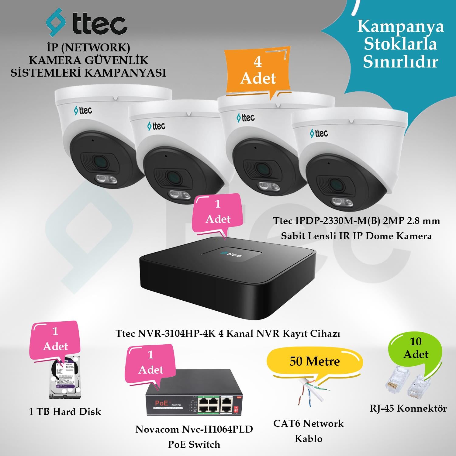 TtecGüvenlik Kamera SetleriTtec İP (Network) 4 Adet Dome 2 MP Güvenlik Kamera Seti