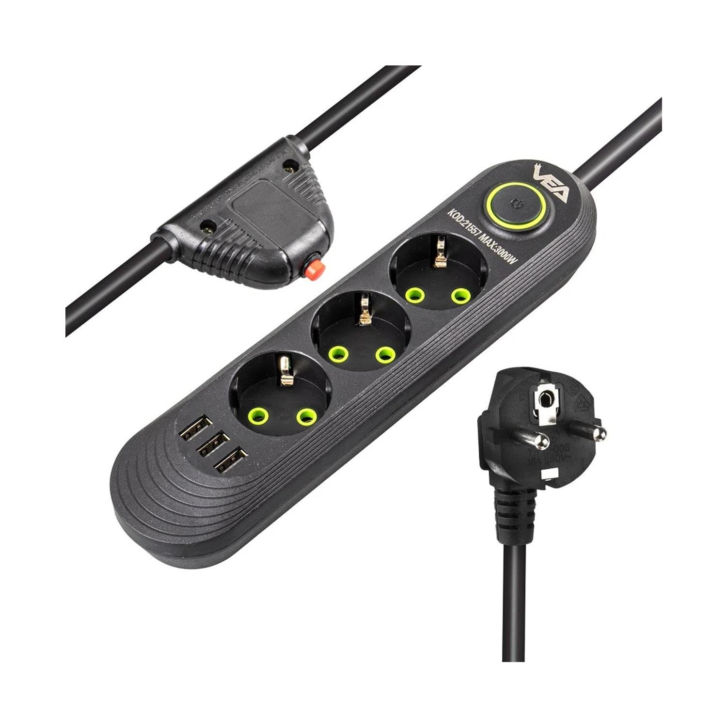 VeaAkım Korumalı PrizlerVea VA-21557 3'lü 3 USB'li 1.5 Metre Akım Korumalı Priz Siyah