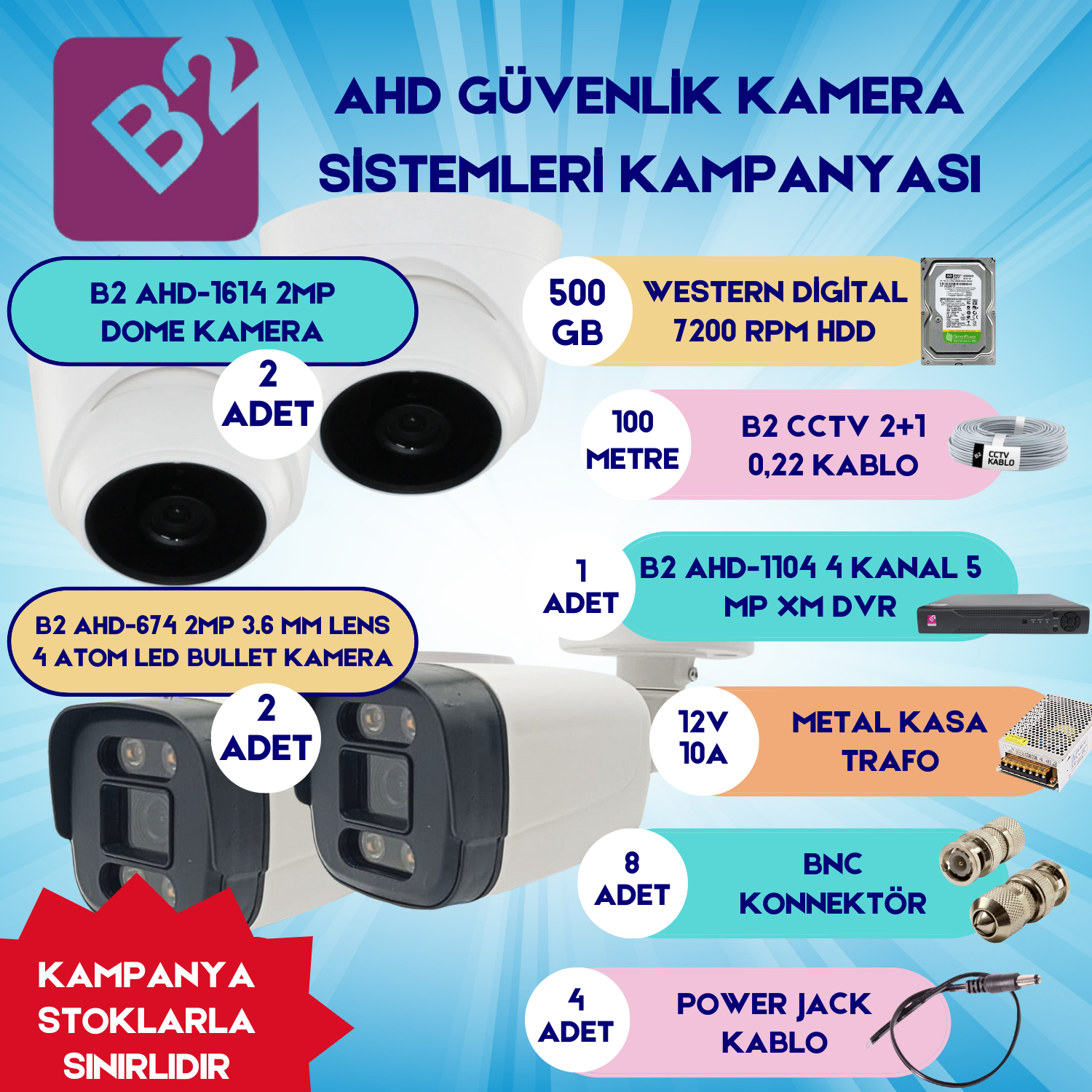 B2Güvenlik Kamera SetleriB2 Ahd 4 Kamera 4 Kanal Güvenlik Dome Kamera Setleri