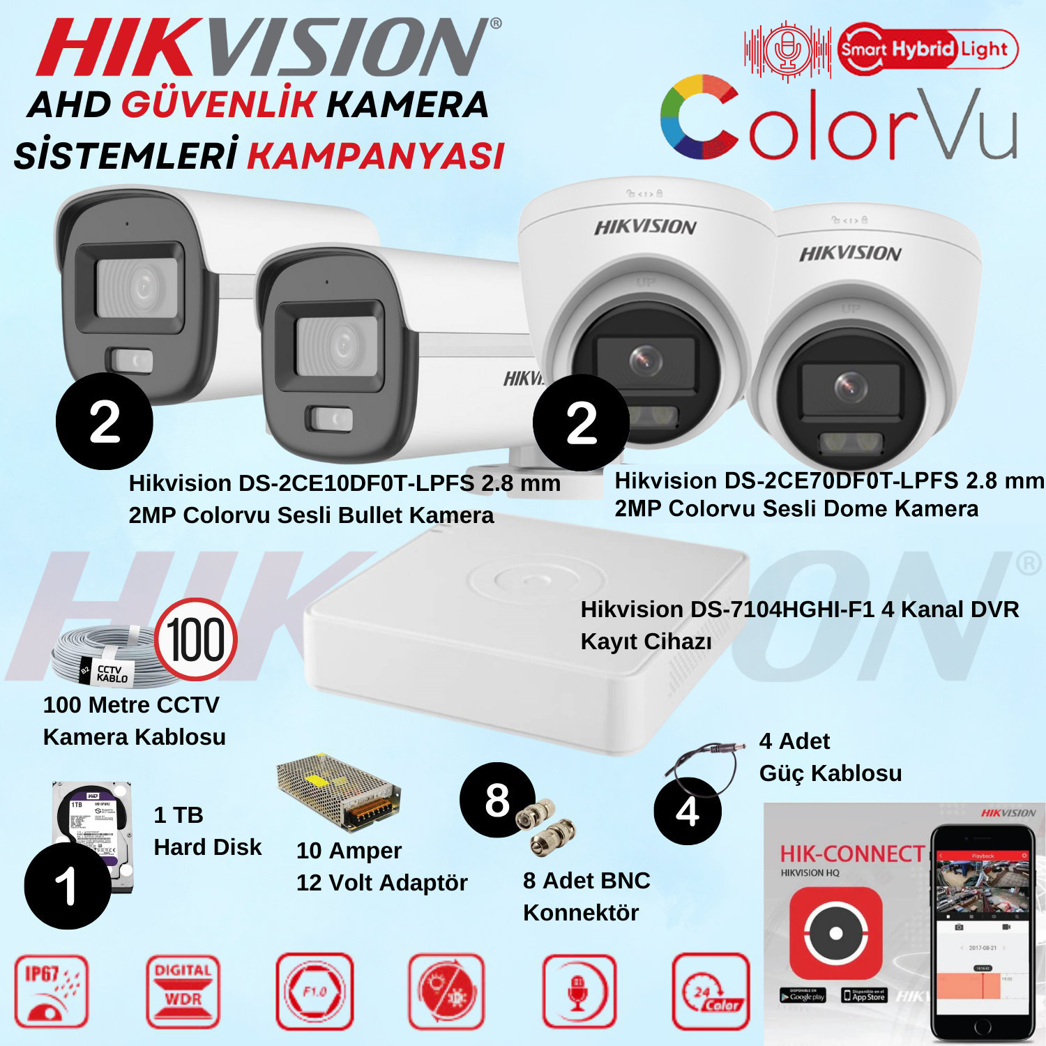 HikvisionGüvenlik Kamera SetleriHikvision Sesli Smart Hybrid Light AHD 2 Adet Dome 2 Adet Bullet 2 Mp Güvenlik Kamera Seti