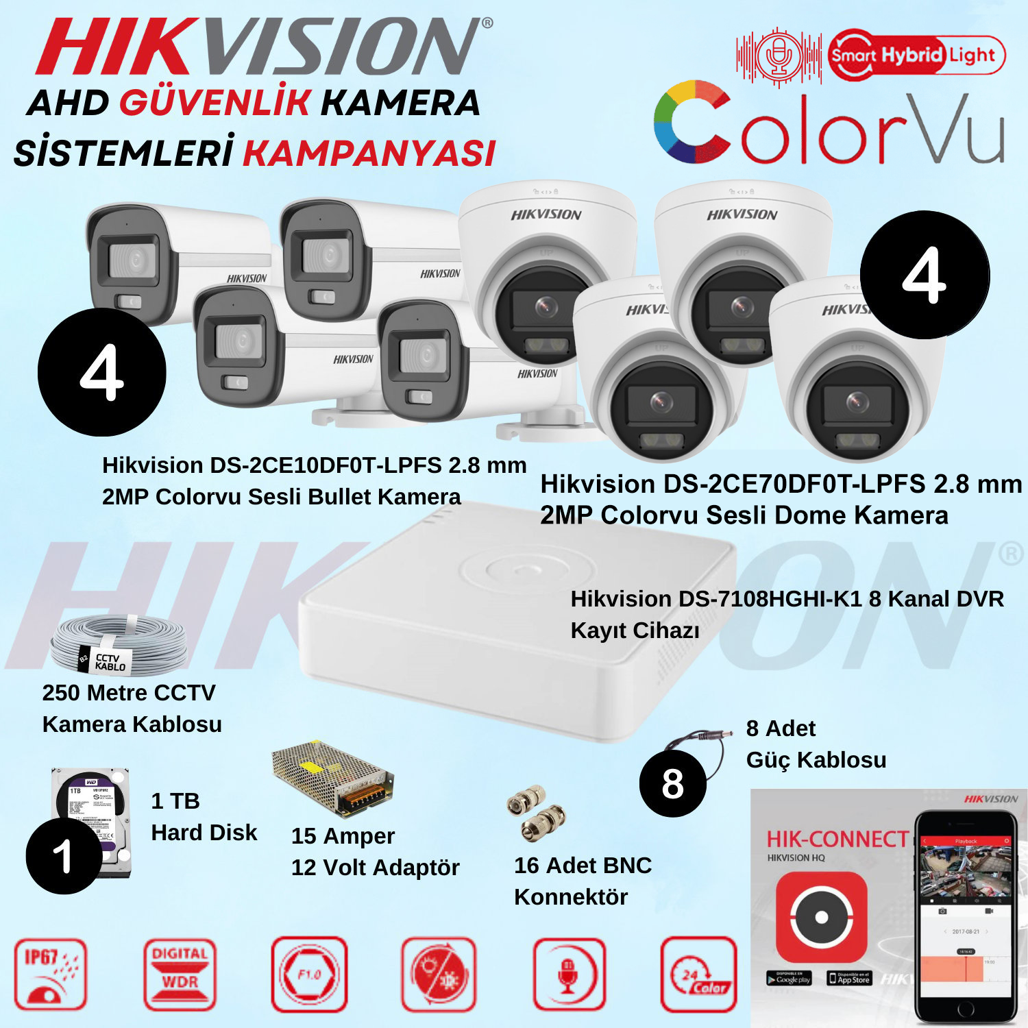 HikvisionGüvenlik Kamera SetleriHikvision Sesli Smart Hybrid Light AHD 4 Adet Bullet 4 Adet Dome 2 Mp Güvenlik Kamera Seti