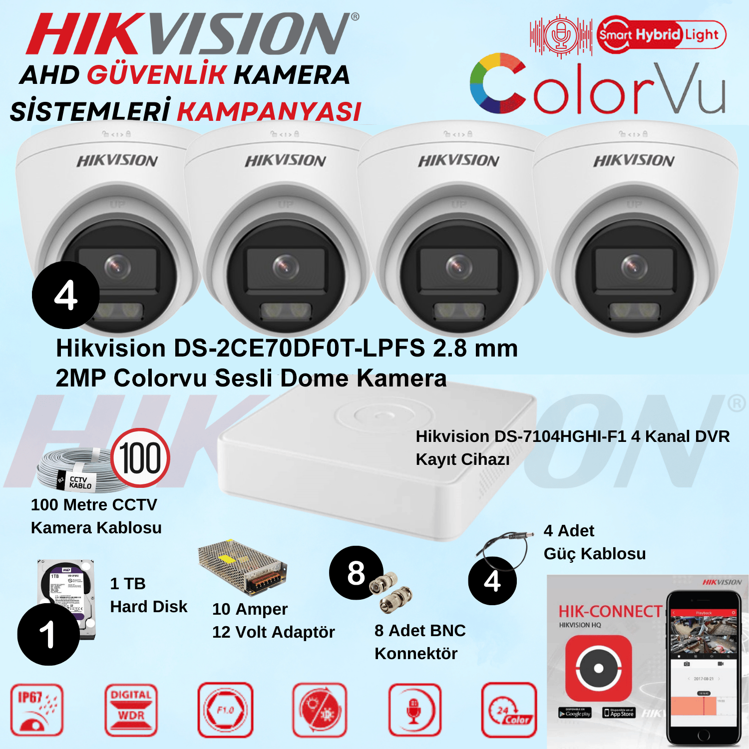 HikvisionGüvenlik Kamera SetleriHikvision Sesli Smart Hybrid Light AHD 4 Adet Dome 2 Mp Güvenlik Kamera Seti
