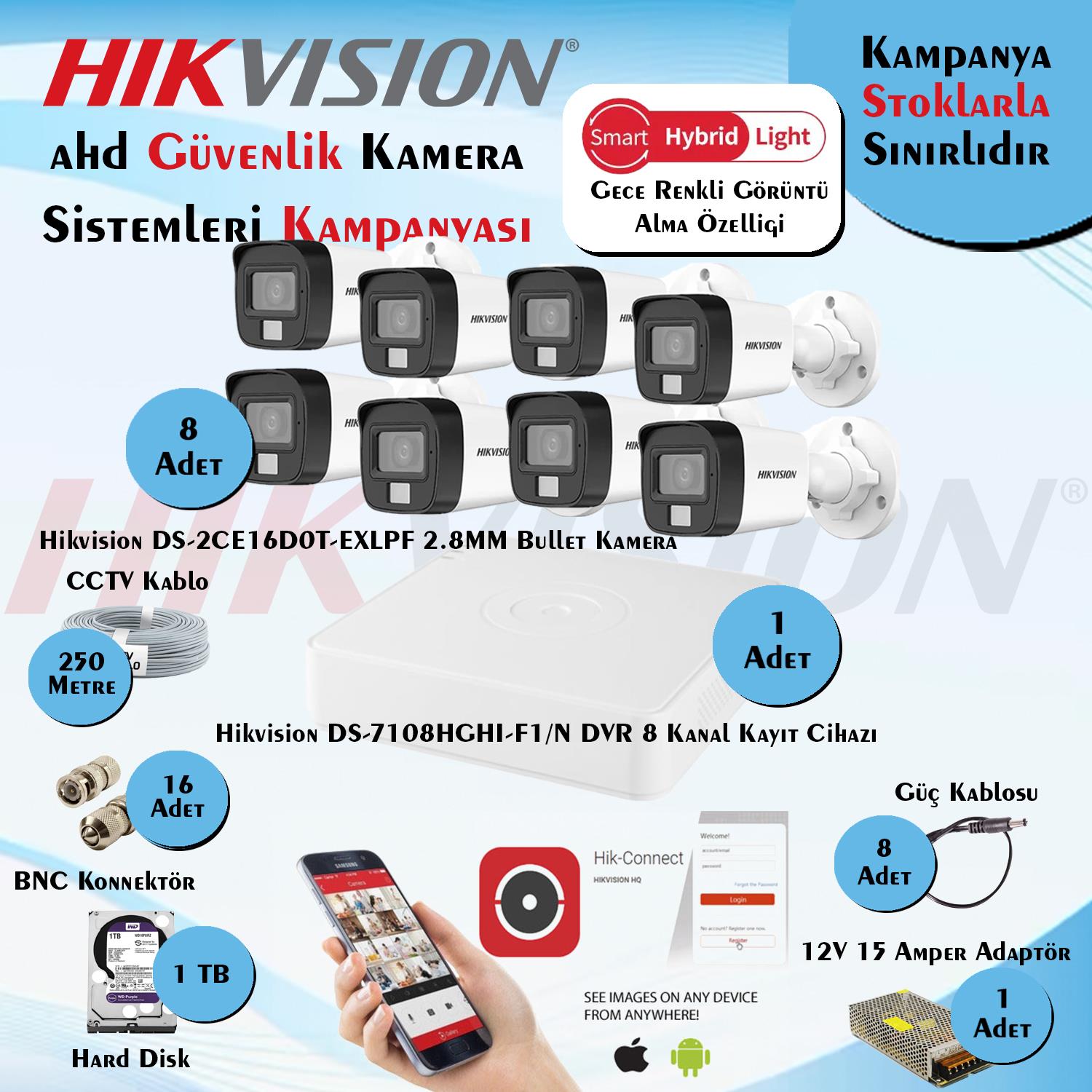 HikvisionGüvenlik Kamera SetleriHikvision Smart Hybrid Light AHD 8 Adet Bullet Kamera 2 Mp Güvenlik Kamera Seti