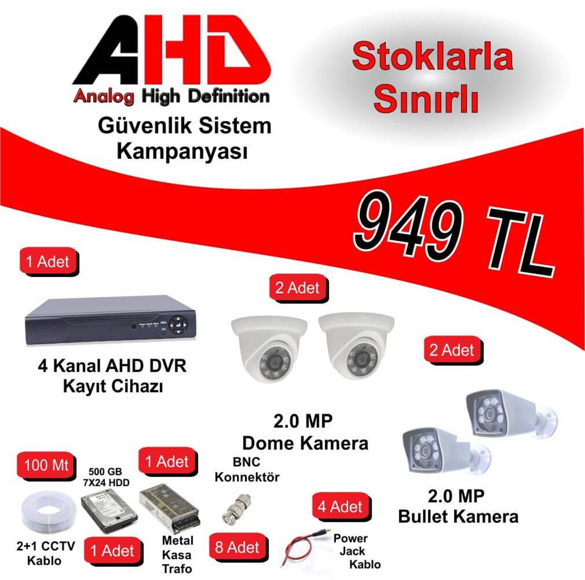 NovacomGüvenlik Kamera SetleriAHD Kamera Seti 4 Ad. 2 Mp Kamera 1 Ad. 4 Dvr  500 gb Hdd ve Aksesurları