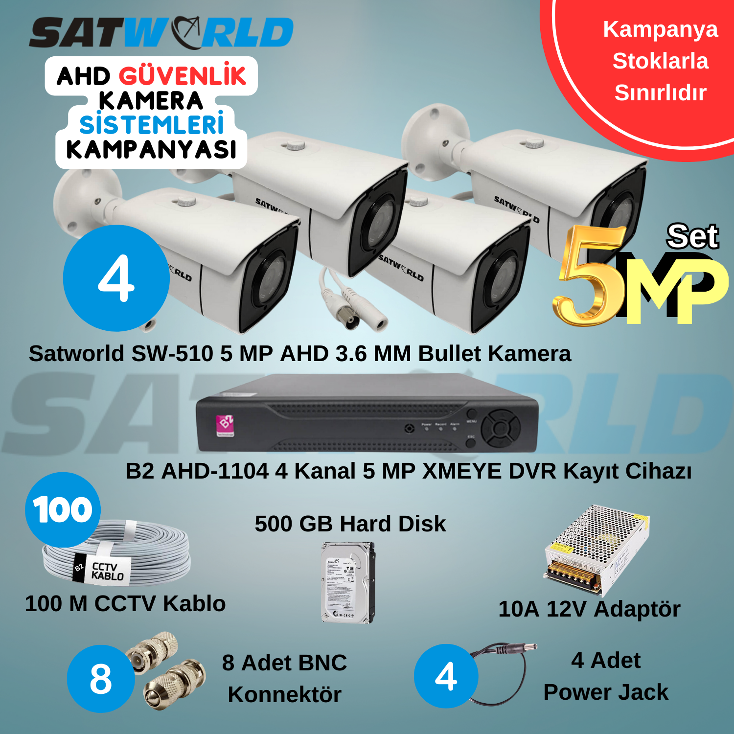 SatworldGüvenlik Kamera SetleriSatworld AHD 5MP 4 Adet Bullet Güvenlik Kamera Seti