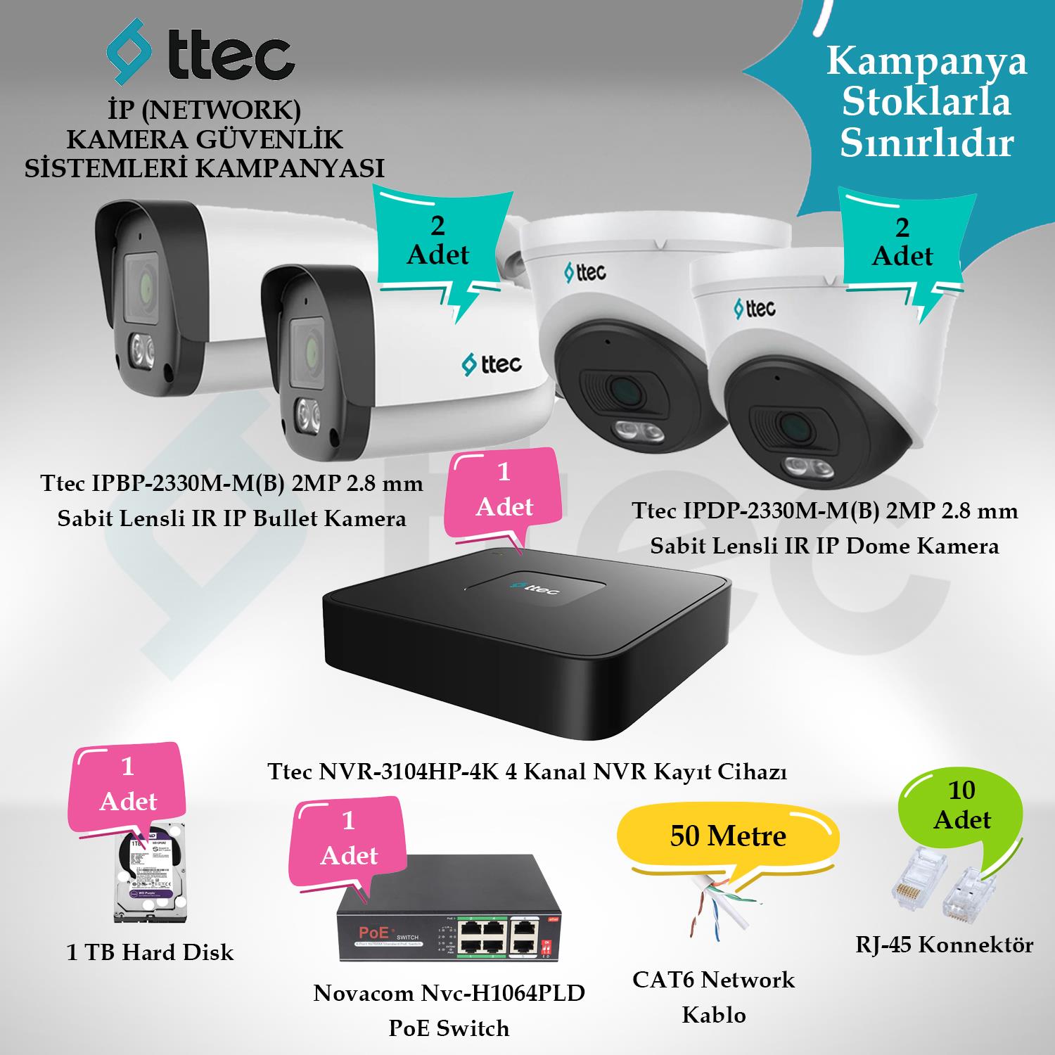 TtecGüvenlik Kamera SetleriTtec İP (Network) 4 Adet 2 MP Güvenlik Kamera Seti