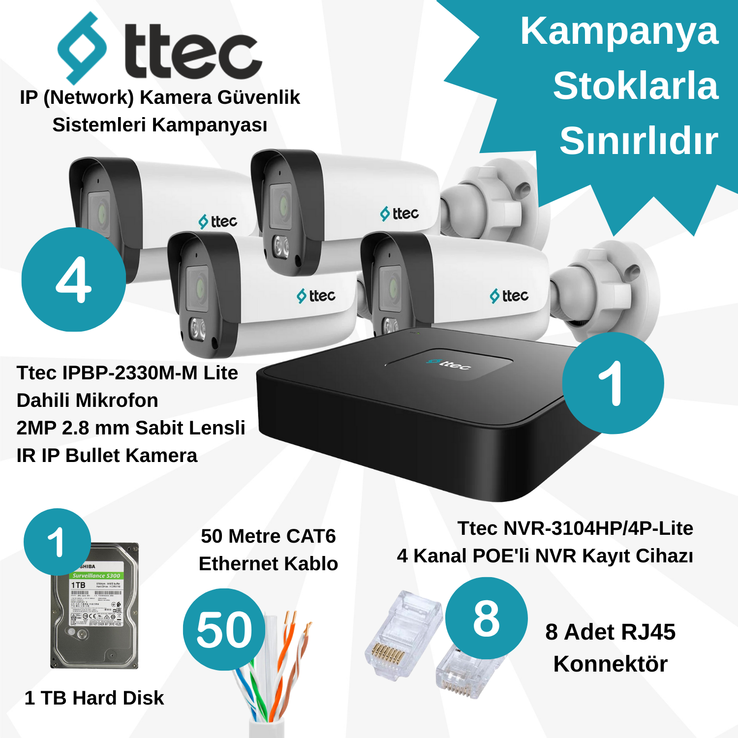 TtecGüvenlik Kamera SetleriTtec İP (Network) 4 Adet Bullet 2 MP Lite POE'li Güvenlik Kamera Seti