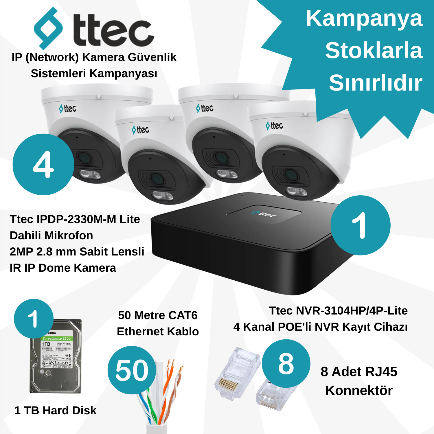 TtecGüvenlik Kamera SetleriTtec İP (Network) 4 Adet Dome 2 MP Lite POE'li Güvenlik Kamera Seti