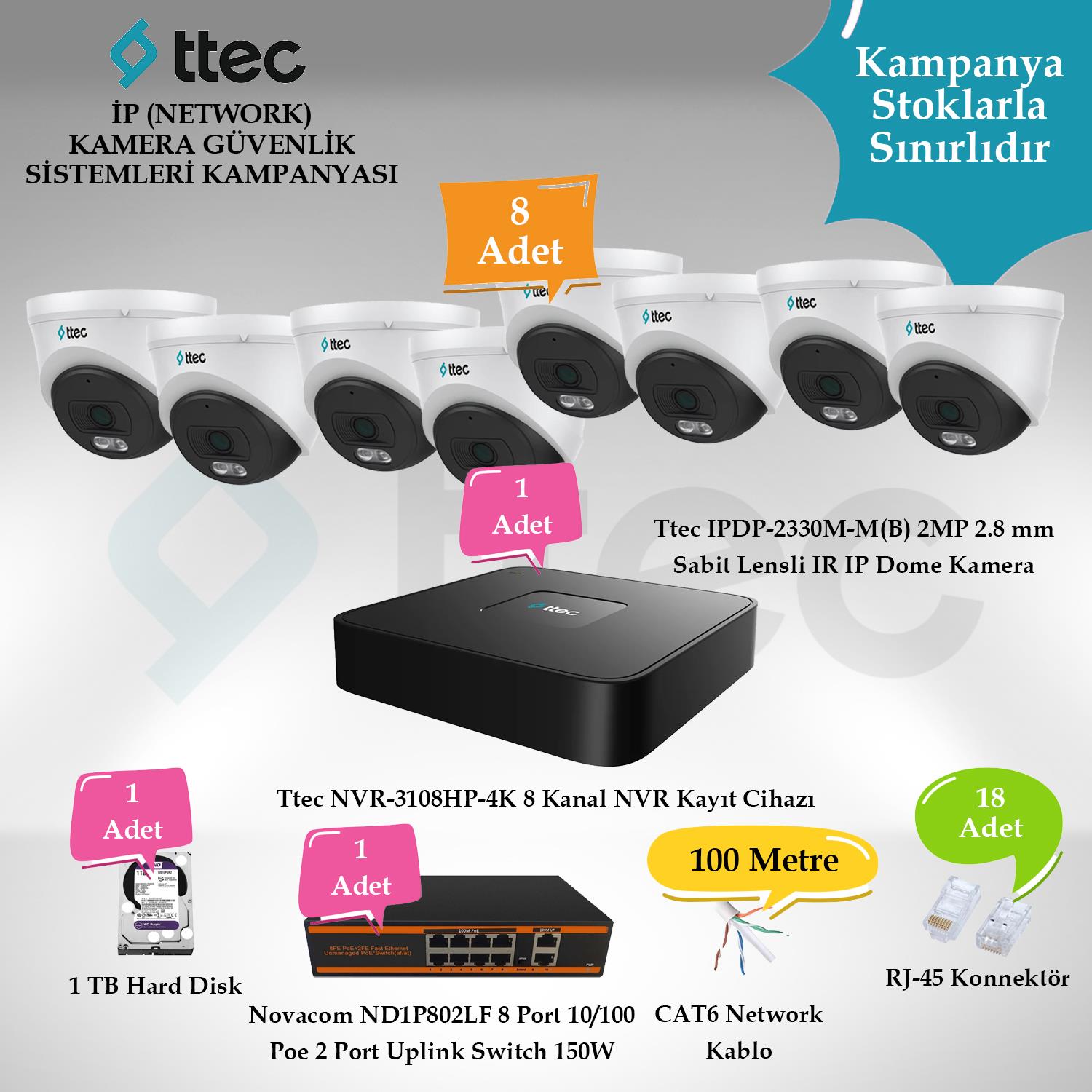 TtecGüvenlik Kamera SetleriTtec İP (Network) 8 Adet Dome 2 MP Güvenlik Kamera Seti
