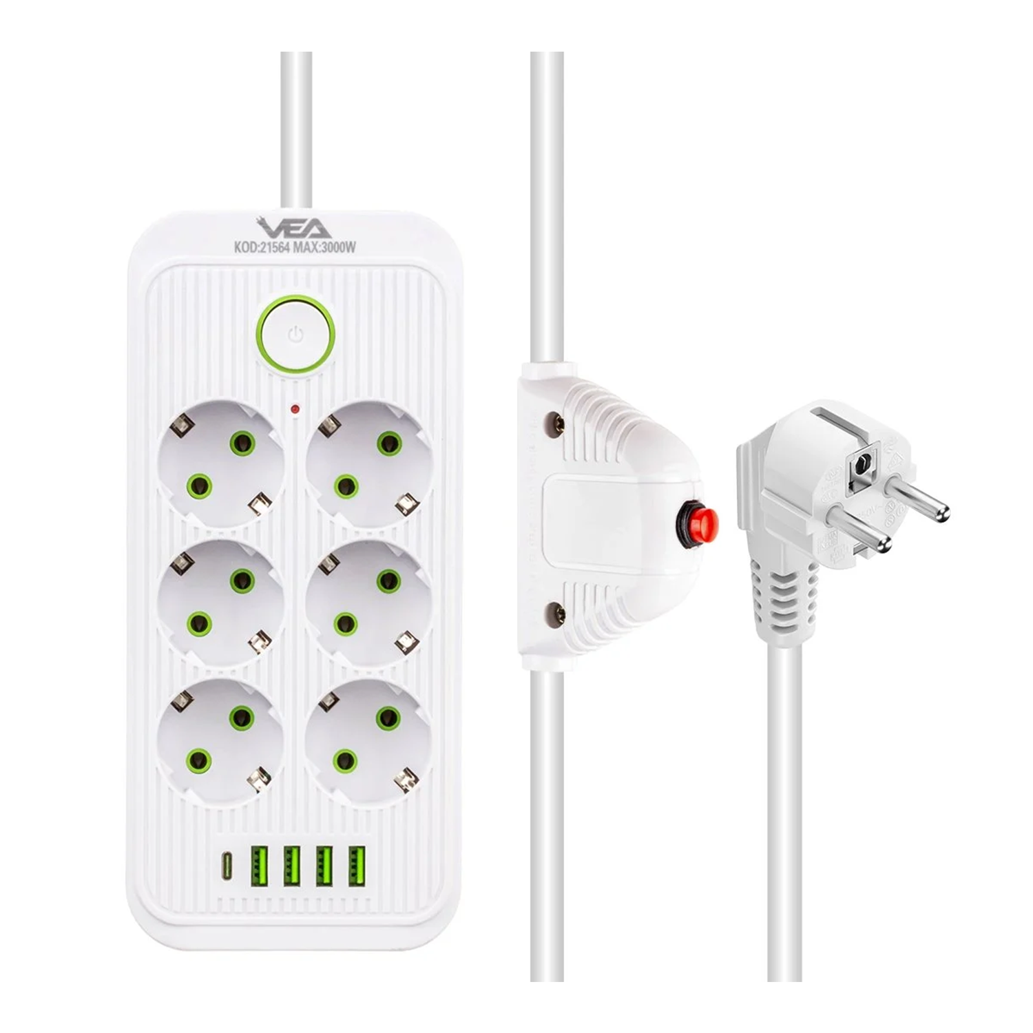 VeaAkım Korumalı PrizlerVea VA-21564 6'lı 4 USB'li 1.5 Metre Akım Korumalı Priz Beyaz