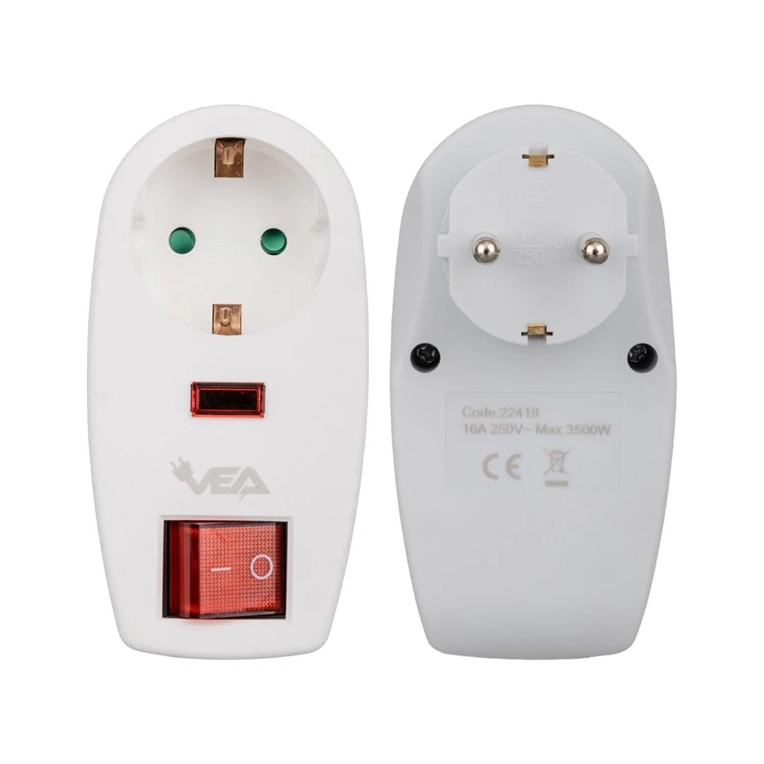 VeaAkım Korumalı PrizlerVea Ve-22419 Led Göstergeli Anahtarlı Tekli Akım Korumalı Priz
