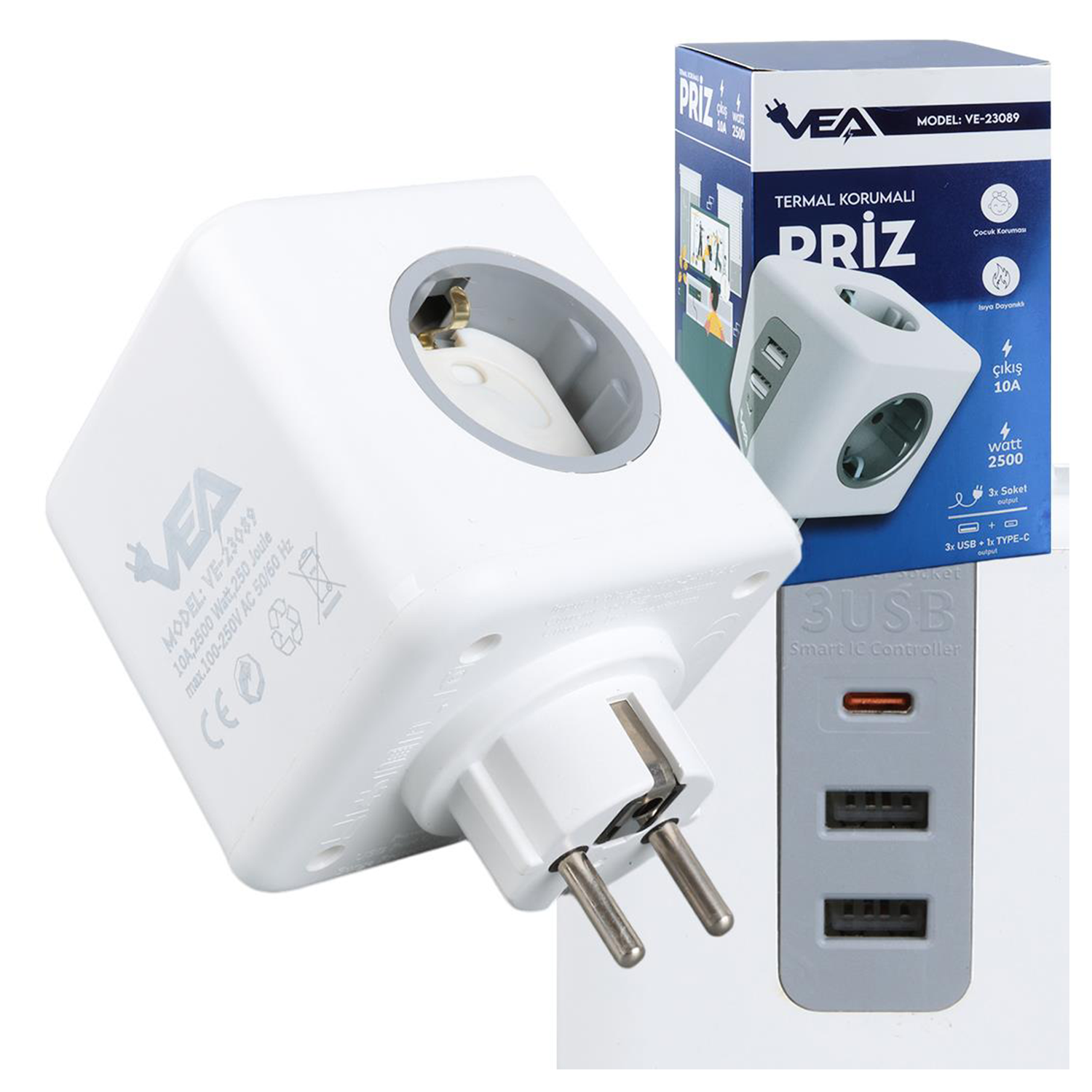 VeaAkım Korumalı PrizlerVEA VE-23089 2x USB 1x Type-C 3'lü Çocuk Ve Termal Korumalı Grup Priz