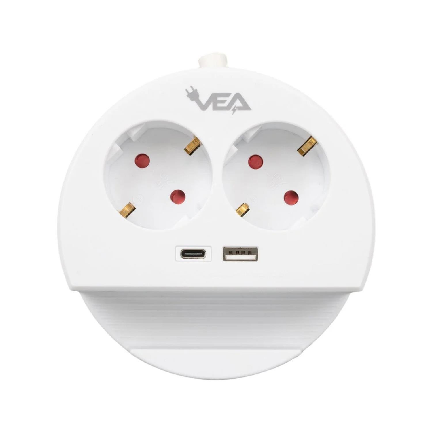 VeaGrup PrizVea VE-G1102C 2'li USB+ Type-C Girişli Anahtarlı Grup Priz