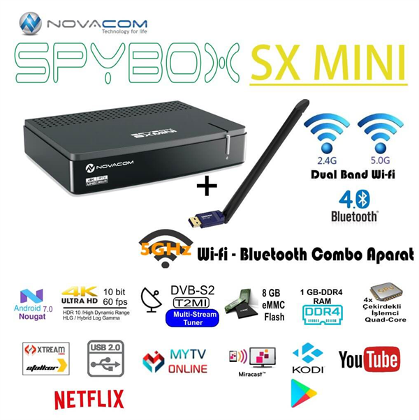 SpyboxSpybox Uydu AlıcılarıNovacom Spybox Sx Mini Android 4K Uydu Alıcısı ve Dual Band 5 Ghz Wifi Bluetooth Aparat