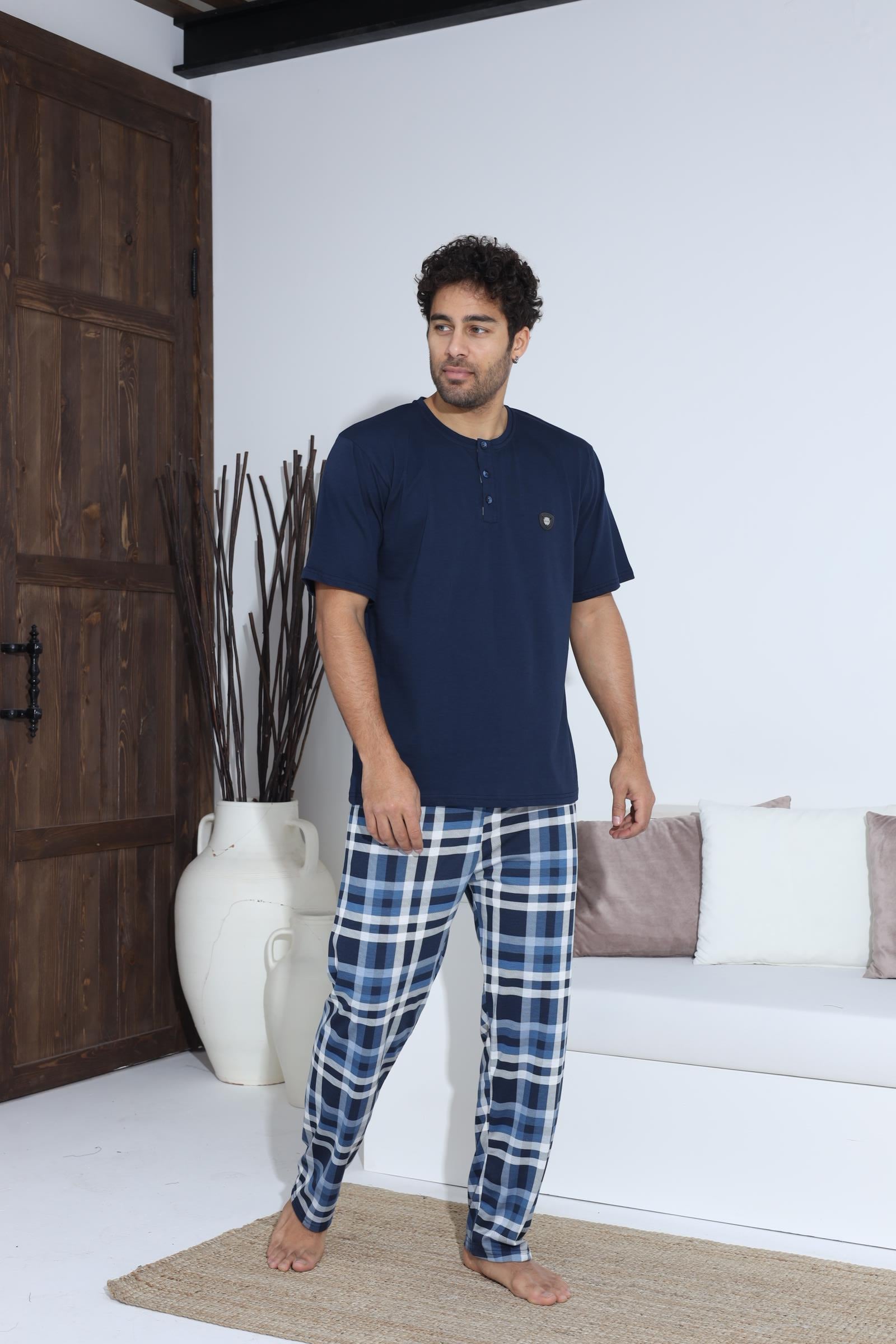 Erkek 70042 Kısa Kol Yaka Düğmeli Pijama Takımı