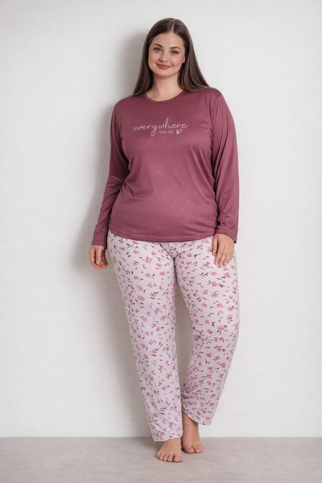 Kadın 0139 Likralı Büyük Beden Uzun Kol Pijama Takımı