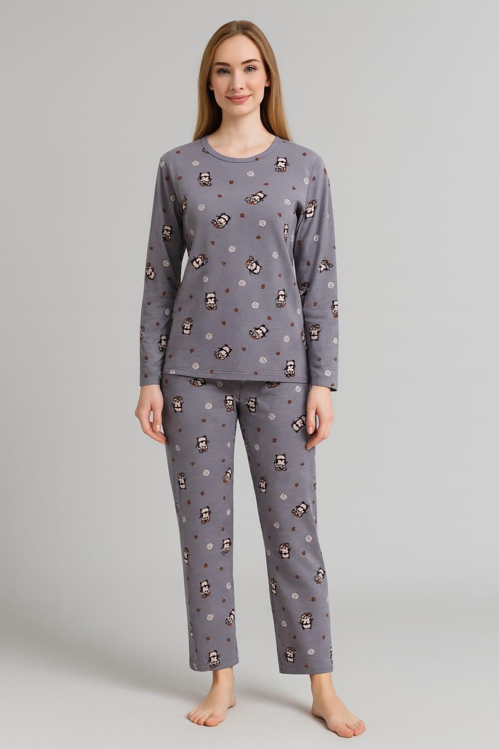 Kadın 0299 Uzun Kol Desenli Süet Pijama Takımı GRİ