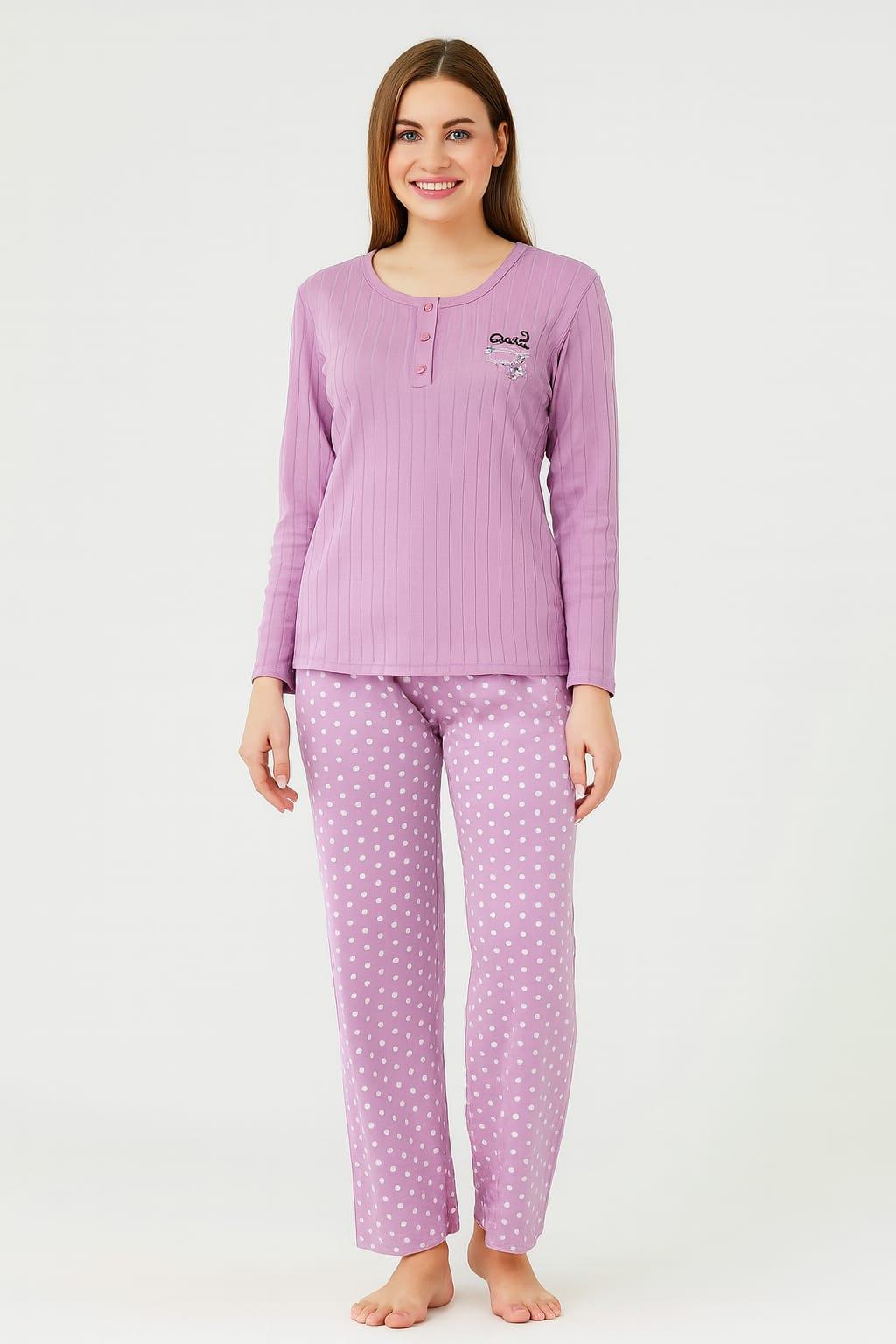 Kadın 05002 Uzun Kol % 100 Pamuk Raporlu İnterlok Pijama Takımı MOR