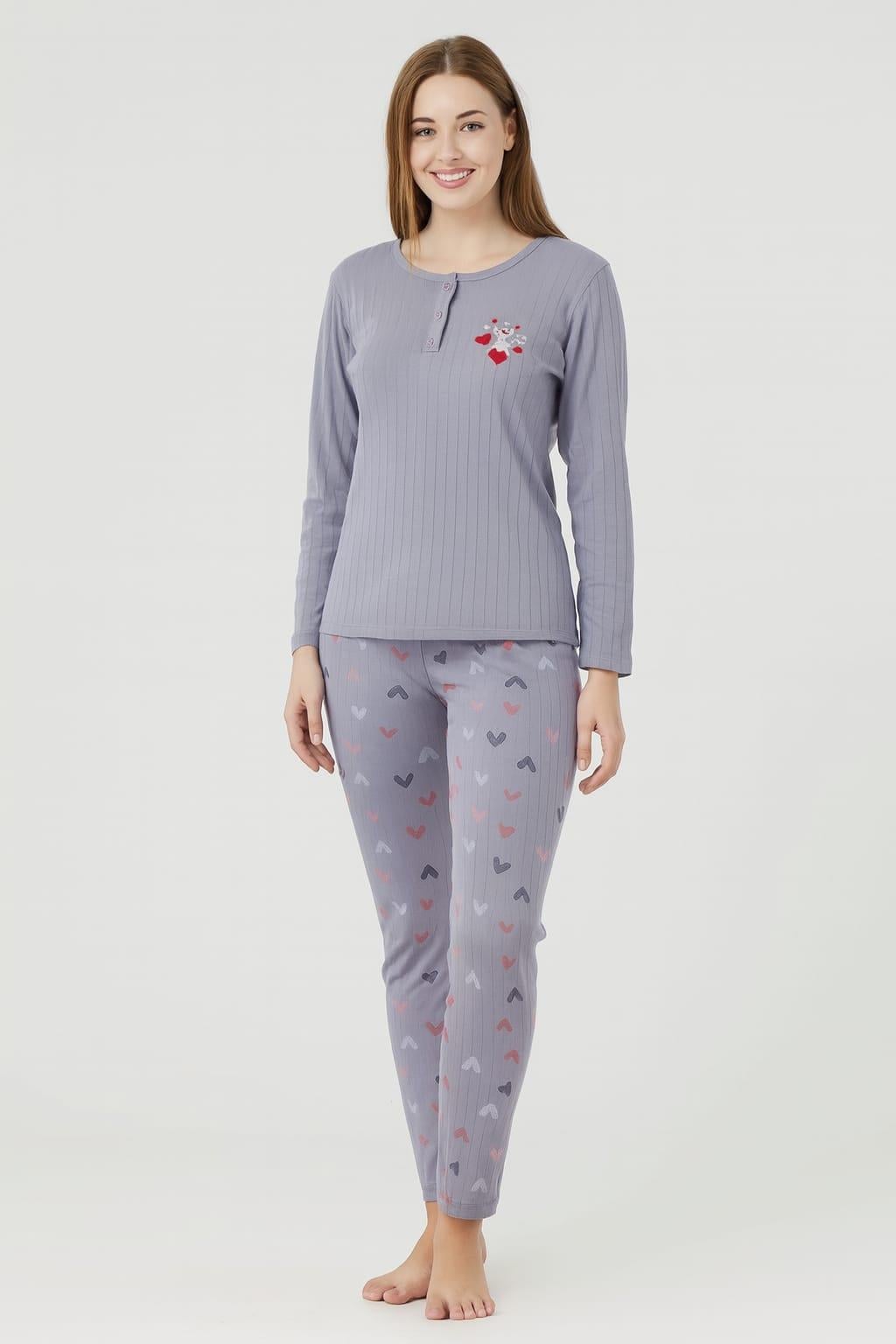 Kadın 05020 Uzun Kol % 100 Pamuk Raporlu İnterlok Pijama Takımı FÜME