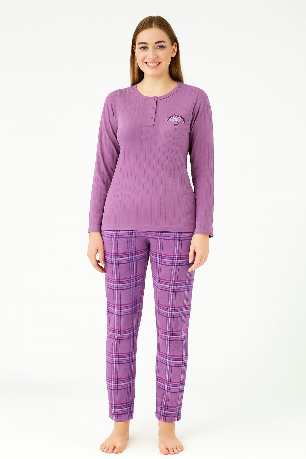 Kadın 05031 Uzun Kol % 100 Pamuk Raporlu İnterlok Pijama Takımı MOR