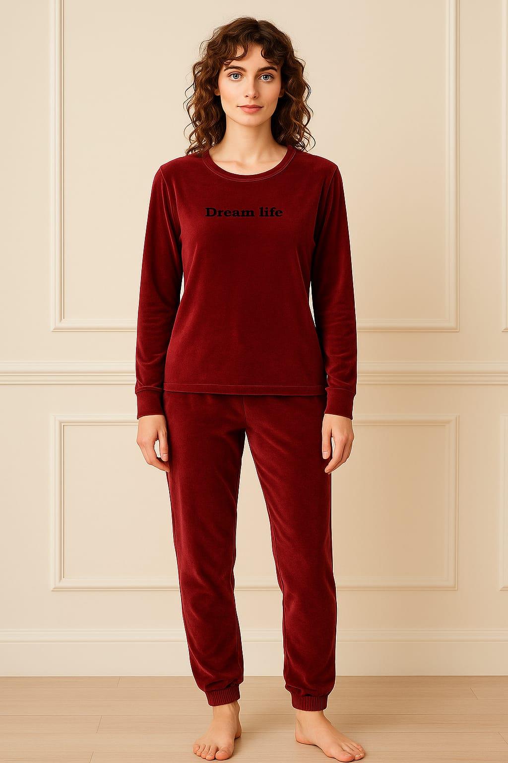 Kadın 13164-060 Uzun Kol Kadife Pijama Takımı BORDO