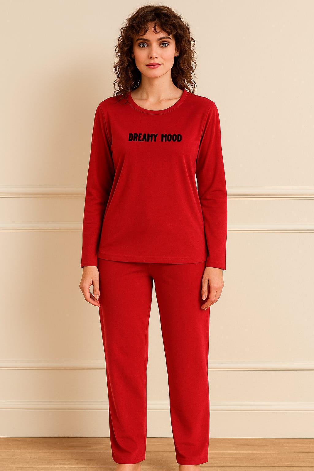 Kadın 13164-2792 Uzun Kol Kadife Pijama Takımı KIRMIZI