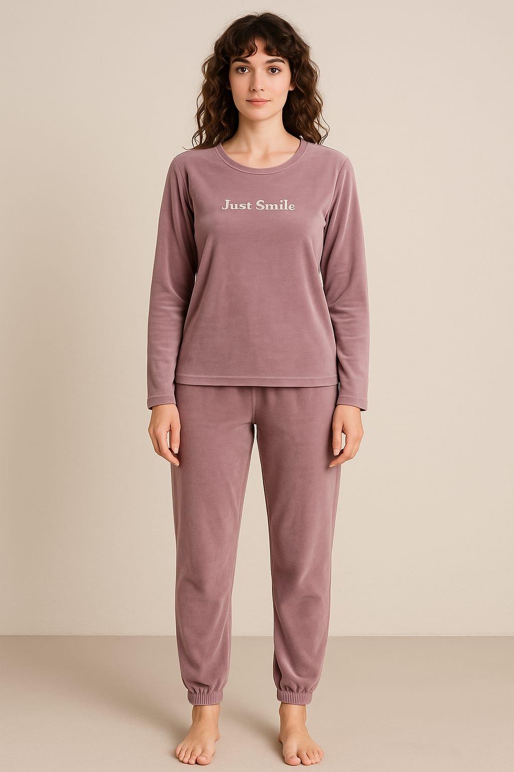 Kadın 13164-2807 Uzun Kol Kadife Pijama Takımı LİLA