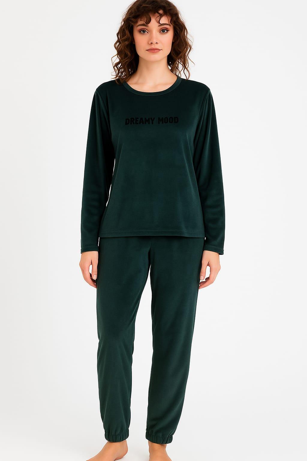 Kadın 13164-2840 Uzun Kol Kadife Pijama Takımı YEŞİL